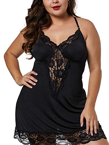 Bunanphy Frauen Sexy Plus Größe Spitze Trim Schlaf Dessous Babydoll Satin Nachthemd Schlafanzug Sets Schwarz #A 3X-Large
