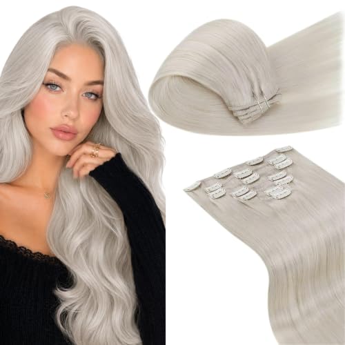 Image of LaaVoo Clip In Hair Extensions, Silky Straight, 16 Inch | Pure Platinum Blonde Shade, 120g 7pcs, Hair Extension Clips, Silky, Seamless