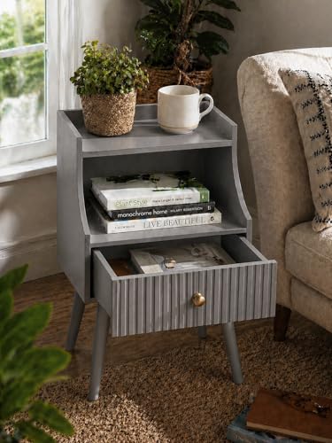 Image of ETIQUETTE ART Modern Fluted Nightstand with Drawer and Open Storage Shelf, Bedside Table with Round Edge, Boho Night Stand with Solid Wood Legs & Knob Handle End Table for Bedroom (Grey)