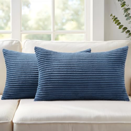 Image of Mecatny Corduroy Decorative Throw Pillow Covers 12x20 Set of 2 for Sofa Living Room, Soft Neutral Boho Couch Pillow Covers for Home Decor, Navy Blue
