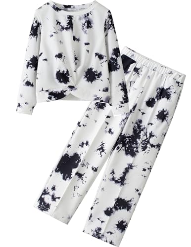 Yekay Girls Clothes Size 6 7 Outfits Two Piece Twist Front Long Sleeve Pullover Shirt & Wide Leg Sweatpants Fashion Jogger Set