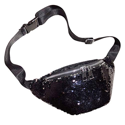 Binwwede Women Girls Shiny Sequins Waist Pack Fanny Pack with Adjustable Belt for Running, Hiking, Walking, Biking Holographic Waist Bags Crossbody Bags (Black)