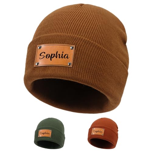 lanleay Custom Brown Beanie Hats for Baby Girls Boys - Personalized Leather Patch Toddler Beanies with Name for Kids Teens Adults Winter Warm Knit Hat