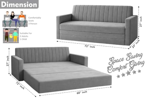 Image of Rosebell Foldable Sofa-Cum-Bed | 3-in-One Convertible Couch with Armrest | Modern Velvet Fabric Sofa for Living Room, Bedroom & Office-Grey-Color