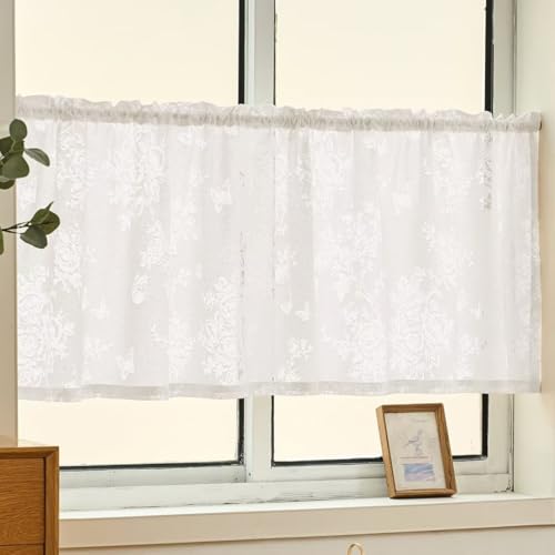 YKFN カフェカーテン 100cm丈 幅45cm 小窓用 カフェカーテン ミラーレース 刺繍 レース 花柄 おしゃれ UVカット 断熱 遮熱 遮光 透けない 見えにくい 目隠し 省エネ 無地 洗える 窓 出窓 子供部屋 キッチン 浴室 間仕切り シンプル