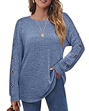 Aokosor Oberteile Damen Pullover Herbst Strickpullover Damen Oversize Sweatshirt Langarmshirt mit Knöpfen Elegant Festliche Blau M