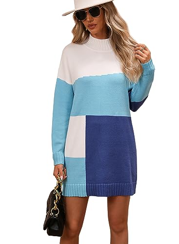 Image of yoeasy Women's Color Block Knit Tunic Sweater Dress Crew Neck Long Sleeve Mini Tunic Pullover Sweater