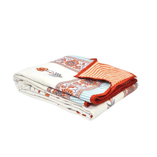 Image of BLOCKS OF INDIA 100% Cotton Dohar King Size Reversible Hand Block Printed Malmal Summer Dohar /Blanket (Grey Orange Flower)