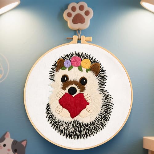 Image of Cute Hedgehog Embroidery Kits for Beginners Adults, Animals Embroidery Starter Kits, Counted Cross Stitch Kits for Beginners DIY Craft Kits for Adults Women, Embroidery Hoops, Thread & Video Tutorial