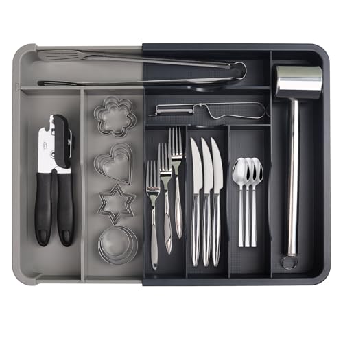 ANJUKE Organizador de talheres para gavetas, suporte para talheres ajustável e extensível, sem BPA HIPS, organizador para colheres, garfos/facas, preto e cinzento