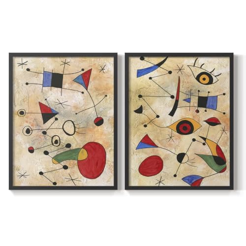 Renditions Gallery Set of 2 Peel & Stick Framed Prints, Abstract Wall Art, Colorful Miro Memoirs Wall Decor, Re-Stickable - Ready to Hang - 22"x28" - Black Frame LT585