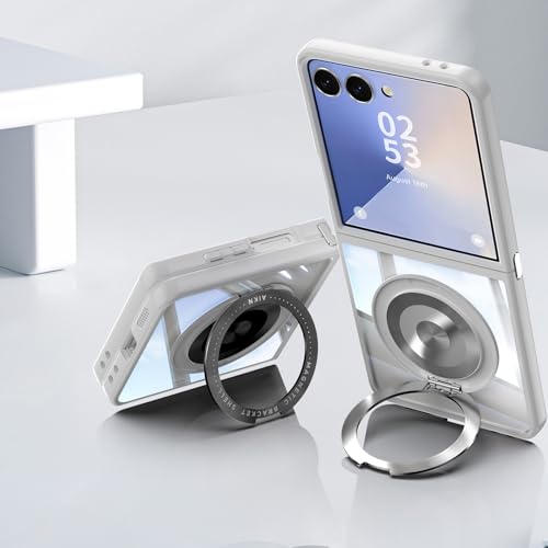 Coque Samsung Z Flip 7 FE grise avec support rotatif et fixation auto
