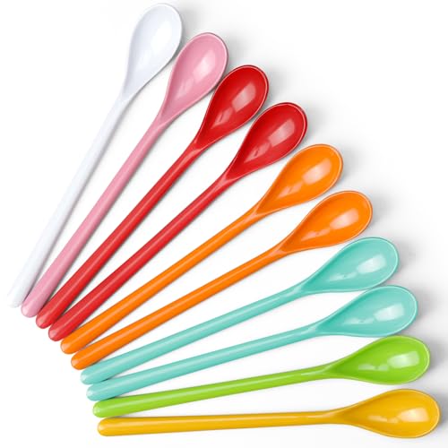 Mispudin 10 Stück Plastiklöffel Lang Bunt, Mehrweg Eierlöffel Kunststoff, Eislöffel Langer Stiel für Joghurt, Marmeladen, Cocktail, Longdrink, Dessert, Tee, Kaffee & Mokka (18.5cm)