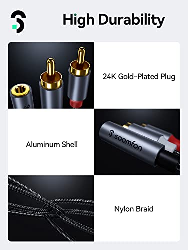 SOOMFON RCA to 3.5mm Audio Cable Red and White 2RCA to 3.5mm Jack Female Phono Leads High Durability Nylon Braided Gold-Plated Plug Stereo Audio Cable for Hi-Fi Speaker Car Home Theater - Image 4