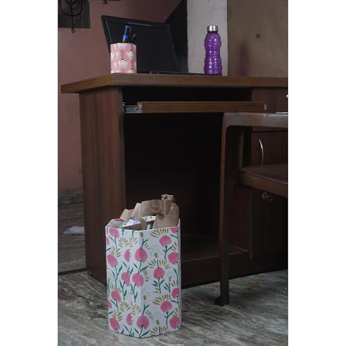 Image of Floral Hand Block Printed 3.3 Gallon Decorative Waste Basket - Eco-Friendly Cardboard Trash Can, Plastic-Free & Sustainable, Perfect for Christmas and Housewarming Gifts (1, Pink Green)