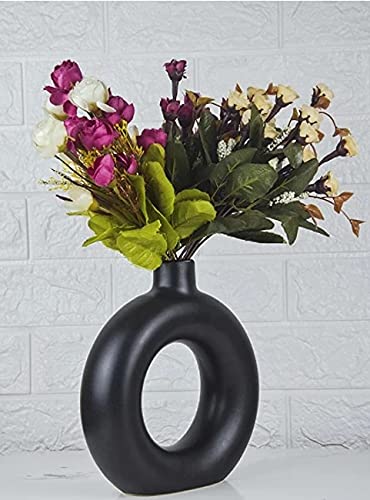 CROK CHOK Donut Shaped Ceramic 8 Inch Handcrafted Round Black Polo Flower vase | Matte Finish h