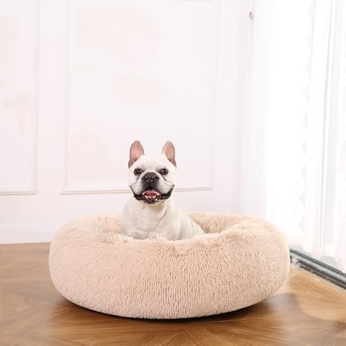 Image of Amazon Basics Washable Donut Pet Bolster Faux Fur Bed with Removable Cover, Anti-Slip Bottom for Dog, Beige, 36 inch x 36 inch