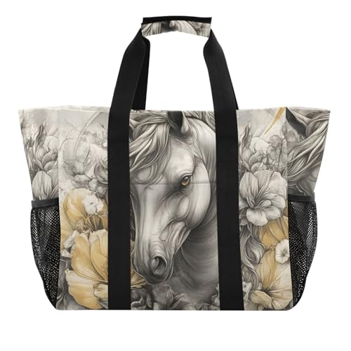 Horse Floral Large Tote Bags for Women Canvas Tote Purse Reusable Grocery Bags Top Handle Handbags for Travel, Work