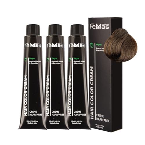 FemMas Haarfarbe 3x Mittelblond Intensiv 7.0 I Creme Haarfarbe mit Arganöl, Keratin & Ceramiden I Als dauerhafte Haarfärbung oder Tönung für strahlende, haltbare Farbergebnisse I 100 ml