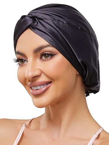Adjustable Satin Sleep Bonnet for Hair, Black