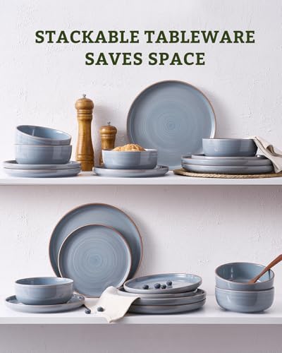 Image of Famiware Meteor 24-Piece Stoneware Dinnerware Set, Blue Gray | Plates and Bowls for 8, Reactive Glaze with Speckles & Circles, Microwave /Dishwasher Safe, Chip /Scratch Resistant
