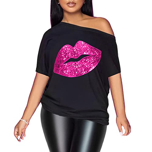 PESION Women Off The Shoulder Tops Sexy Shiny Metallic Shirts Short Sleeves Fashion Graphic T-shirts Blouses