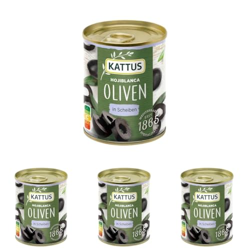 Kattus - Hojiblanca Oliven in Scheiben | Schwarze Oliven zum Belegen von Pizza, zum Garnieren von Salaten oder in Saucen | 85 g in der Dose (Packung mit 4)