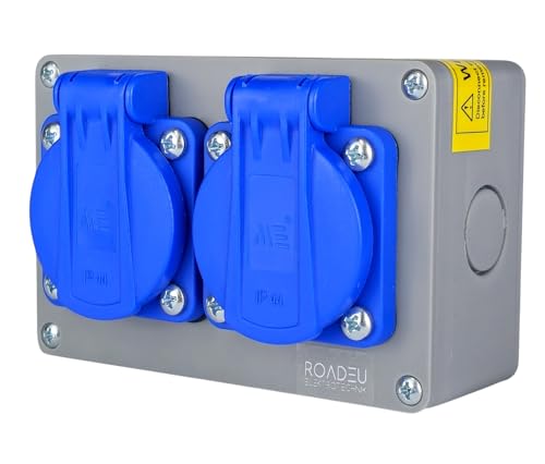 RoadEu Bloc Multiprise Étanche Saillie IP44 | Double Prise Murale Française 2P+T 230V/16A Pré-câblée avec Presse-étoupe PG13,5 | Répartiteur Électrique...