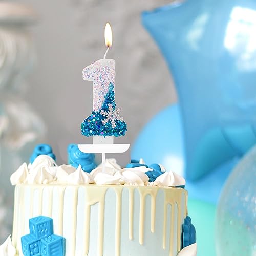 Blue White Frozen Birthday Candles With Snowflake, Number 2 Candles, Happy Birthday Cake Topper Decorations for Girls Boys Party Wedding