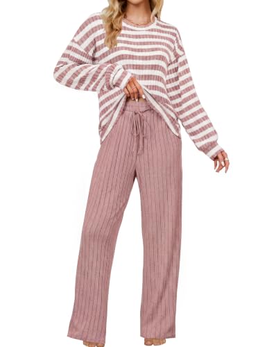 Image of Blooming Jelly Women Ribbed Long Sleeve Pajama Sets Fall Loungewear Pockets