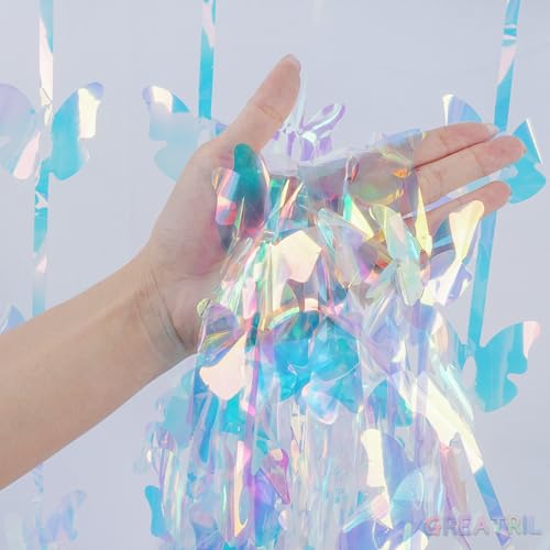 Image of Iridescent Butterfly Fringe Party Backdrop - GREATRIL Fairy Streamers for Butterfly Princess Themed Birthdays Party Decoration - 3.2ft x 6.5ft - 2 Packs