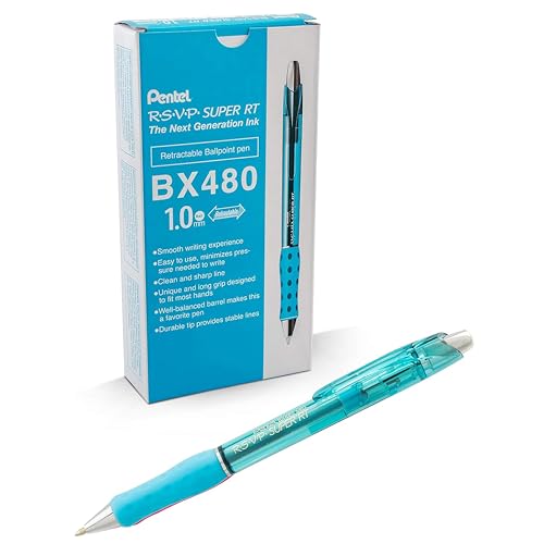 Pentel RSVP Super RT Ballpoint Pen, (1.0mm) Medium Line, Sky Blue Ink, Box of 12 (BX480-S)