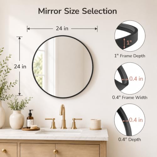 Image of USHOWER 2 Pack 24 Inch Round Bathroom Mirrors for Over Sink | Circle Mirror with Metal Frame, Black Wall Mirror Modern Decoration for Vanity, Entryway, Living Room, Hallway and Bedroom