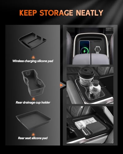 Image of CDEFG 3PCS for 2022-2025 2026 Rivian R1T / R1S Center Console Cup Holder Insert & Wireless Charing Pad & Center Console Armrest Organizer Tray Silicone Mat Accessories