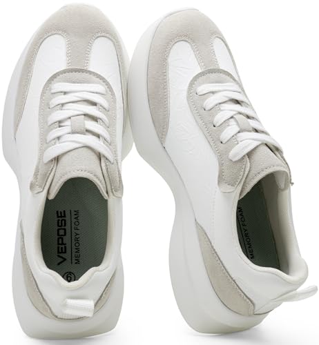 Vepose Women's White Grey Lightweight Platform Sneakers Chunky Casual Tennis Shoes, Memory Foam Non Slip, Suede Pu Lace Up, Everyday Walking Travel Office Size 6(CJY8216 White Grey 06)