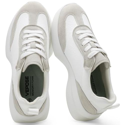 Vepose Women's Lightweight Platform Sneakers Chunky Casual Tennis Shoes, Memory Foam Non Slip, Suede Raffia PU Lace Up, Everyday Walking Travel Office 8216 8 White Grey Pu Pu Suede
