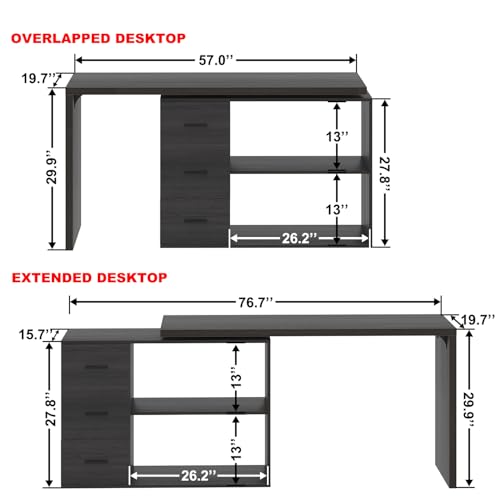 Image of HSH Dark Grey L Shaped Computer Corner Desk with 3 Storage Drawers 55 inch