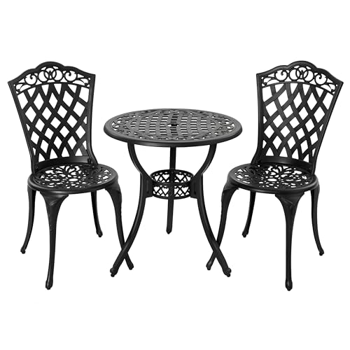 Image of NUU GARDEN 3-Piece Patio Bistro Set Outdoor Cast Aluminum Bistro Table and Chairs Set of 2, Outdoor Patio Bistro Set with Umbrella Hole for Patio Balcony, Black