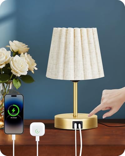 GOEBLESON Lampe de Chevet Tactile Dimmable, avec USB et Ampoule LED à Intensité VariableAbat-Jour Ondulé, Corps Cuivre Vieilli, Culot E27, pour Table de Chevet,...