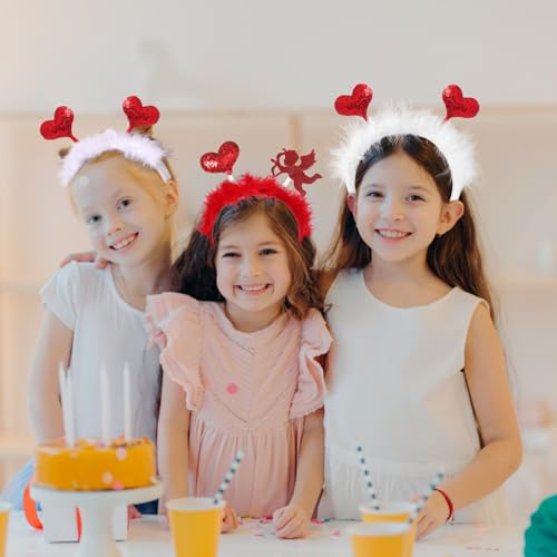 Nenjindz Heart Headbands Sequin Covered Heart Hair Hoops,Valentine's Day Boppers for Women Girls Angel Hairbands with Feathers for Festival Party Headwears(2 Pieces) - Image 3