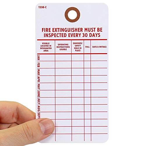 SmartSign (Pack of 100) 5.75 x 3 inch “Fire Extinguisher Must Be Inspected Every 30 Days” Monthly Inspection Tags, 13 Point Cardstock, Red and White