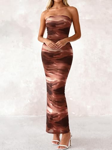 Image of PRETTYGARDEN Women Summer Strapless Maxi Dress Bodycon Floral Sexy Long Wedding Guest Dress Formal Tube Mesh Cocktail Dresses