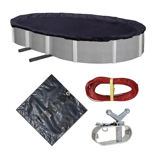 Blue Wave Bronze 8-Year 15 ft x 30 ft Oval Above Ground Pool Cover for Winter– Durable & Weather-Resistant Polyethylene – 4 ft Overlap, Black Underside, Reinforced Grommets, Winch, Cable – Navy Blue