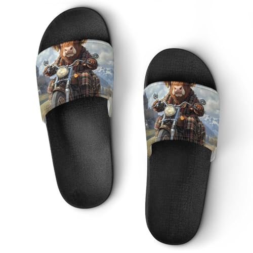 Scottish Highland Cow Motorcycle Rider Slippers for Men Wormen Shower Bathroom Slipper Indoor Beach Non Slip Sandal