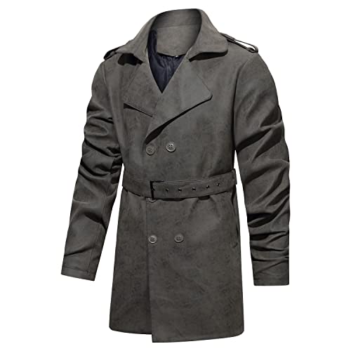 Invachi Men's Trench Coat Leather Jacket Double Breasted Belted Windbreaker Lapel Long Jacket Windproof Overcoat… (As1, Alpha, M, Regular, Regular, Green) #TOP7