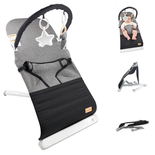 LADIDA Baby Bouncer 0-12 Months | No Assembly, Easy Fold & Storage + Combed Cotton | 3-Point Safety Harness + 2 Recline (Black)