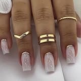 ANDGING Milky White Press on Nails Short Medium Coffin Fake Nails Acrylic fake on Nails with Bling Gold Striped Design Gel False Nails for Wedding Birthday 24Pc Manicure Stick on Nail with fake AK8I8