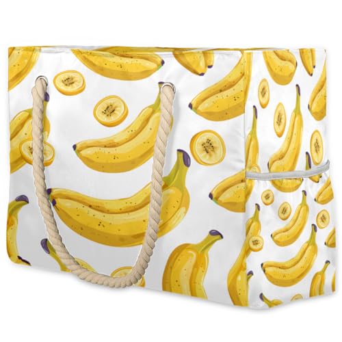 Yellow Fruits Banana Large Beach Bag Waterproof Beach Bag for Women Oversized Sandproof Beach Tote Bag with Zipper for Gym Travel Daily Pool Bag Big Tote