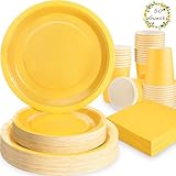 Gudvilla 200Pcs Yellow Birthday Decorations, Yellow Plates and Napkins Party Supplies Serves 50, Yellow Paper Plates for Bee Sun Sunshine Baby Shower Easter Mardi Gras Spring Summer Party Decorations