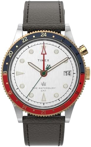 Timex Men's Waterbury Traditional GMT 39mm TW2U99100VQ Quartz Watch, Black/Red/Blue/White, One Size, 39 mm Waterbury Traditional GMT Leather Strap Watch